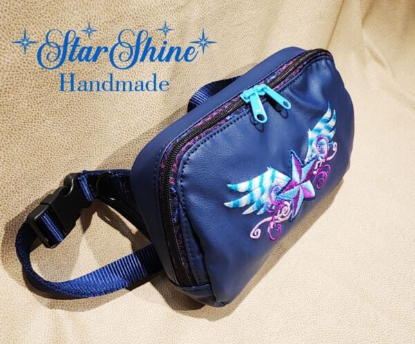 Blue Vegan Leather Sling/Waist Bag with Custom Embroidery