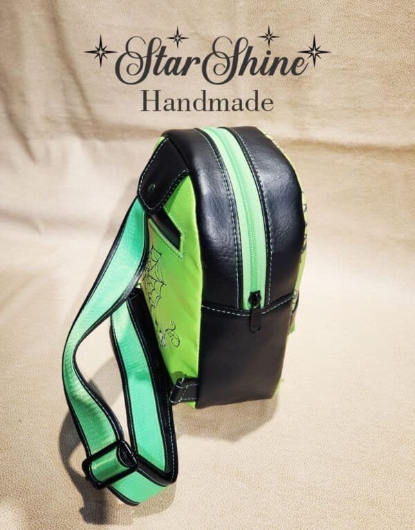 Metallic Green Gothic Sling Bag With Custom Embroidery - Side/rear view