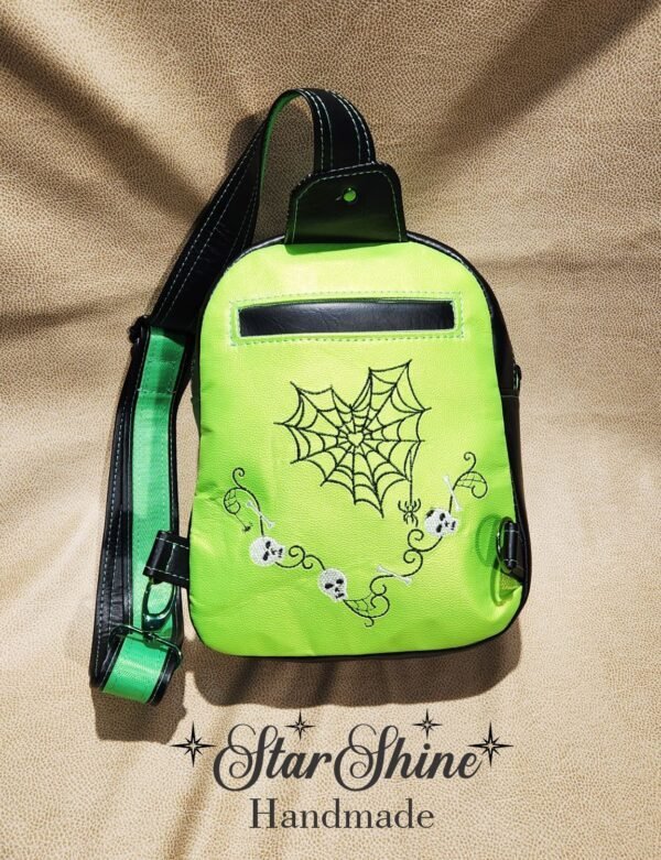 Metallic Green Gothic Sling Bag With Custom Embroidery - Back view