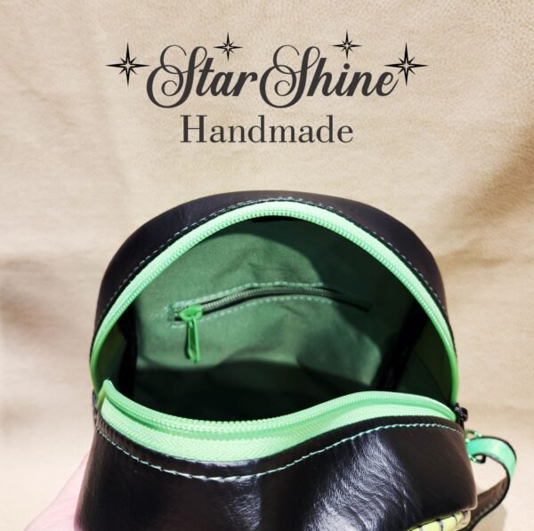 Metallic Green Gothic Sling Bag With Custom Embroidery - Interior zipper pocket