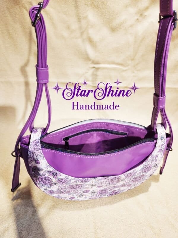 Purple Floral Retro Luna Shoulder Bag - Top view/zipper pocket