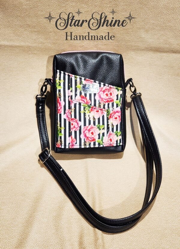 Black Striped Pixie crossbody in a gorgeous striped pink rose print.