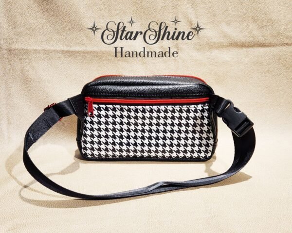 Black & White Houndstooth Convertible Crossbody and Hip Bag. Rear view