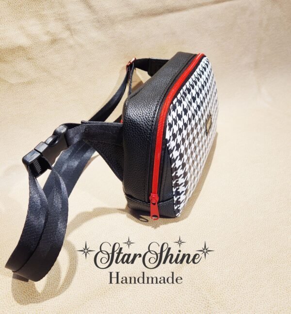 Black & White Houndstooth Convertible Crossbody and Hip Bag. Side view